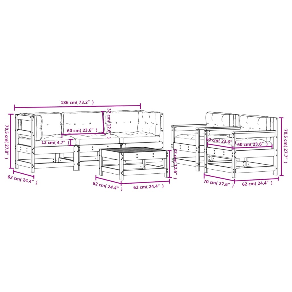 6-delige Loungeset met kussens massief hout