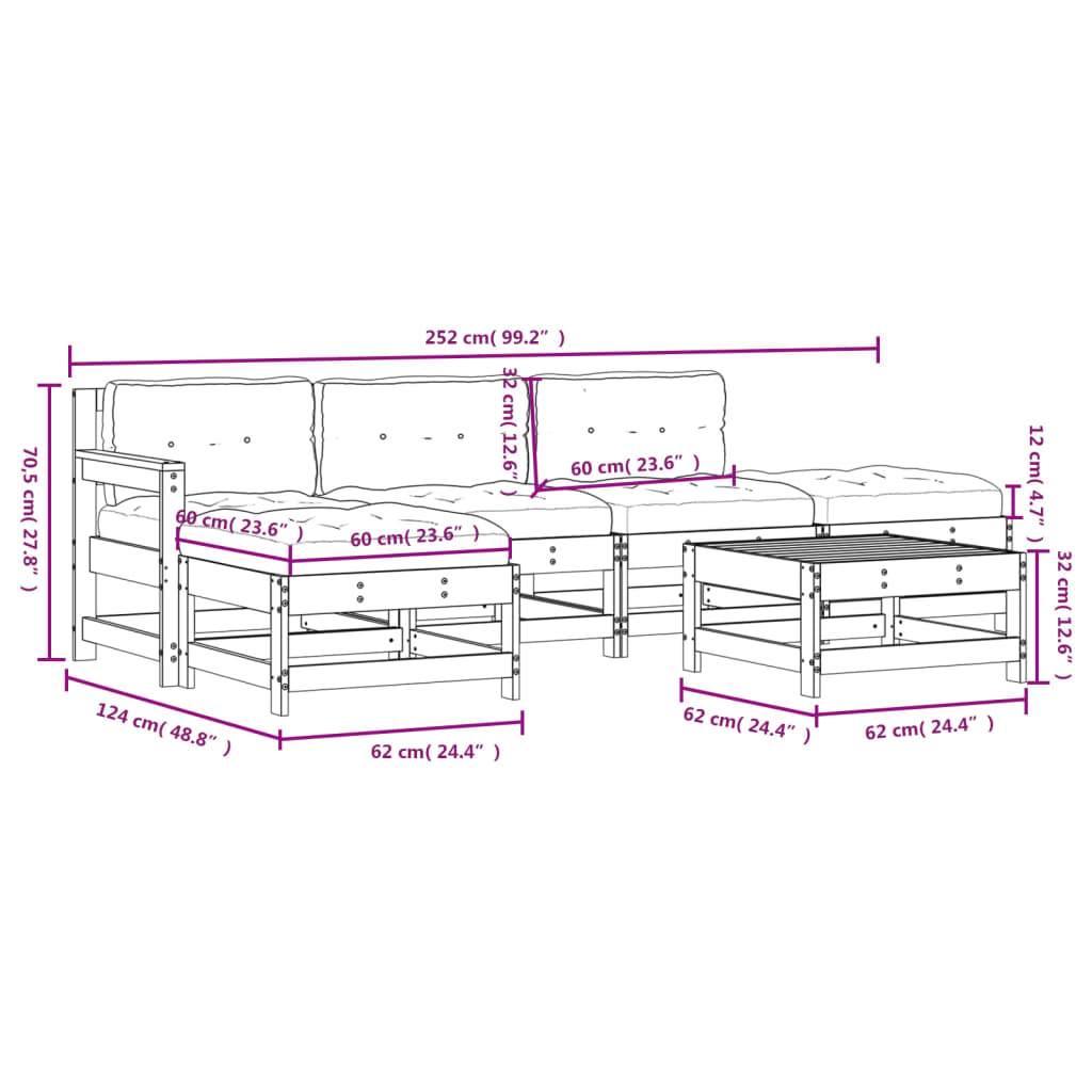 6-delige Loungeset met kussens massief hout