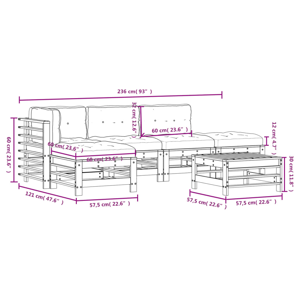 6-delige Loungeset met kussens massief hout