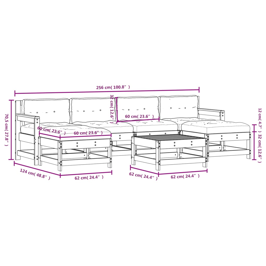 7-delige Loungeset met kussens massief hout