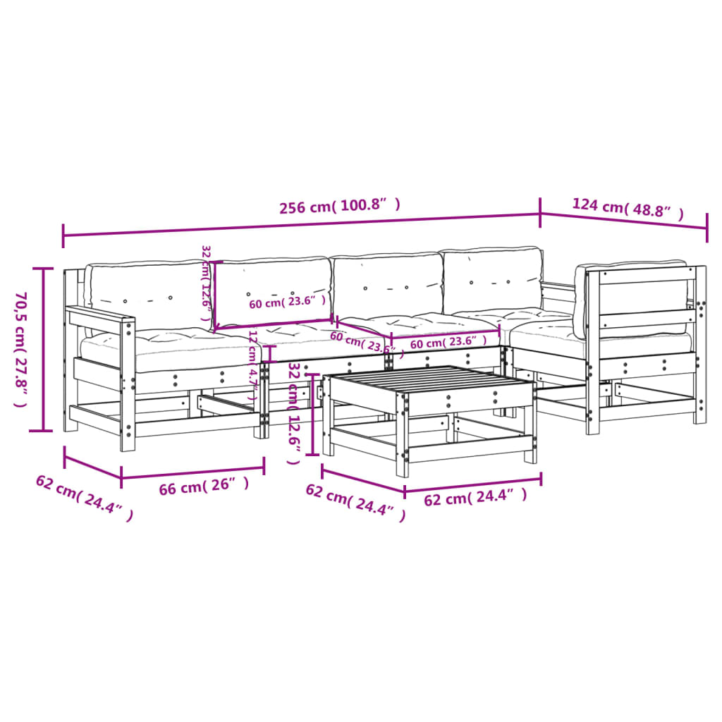 6-delige Loungeset met kussens massief hout