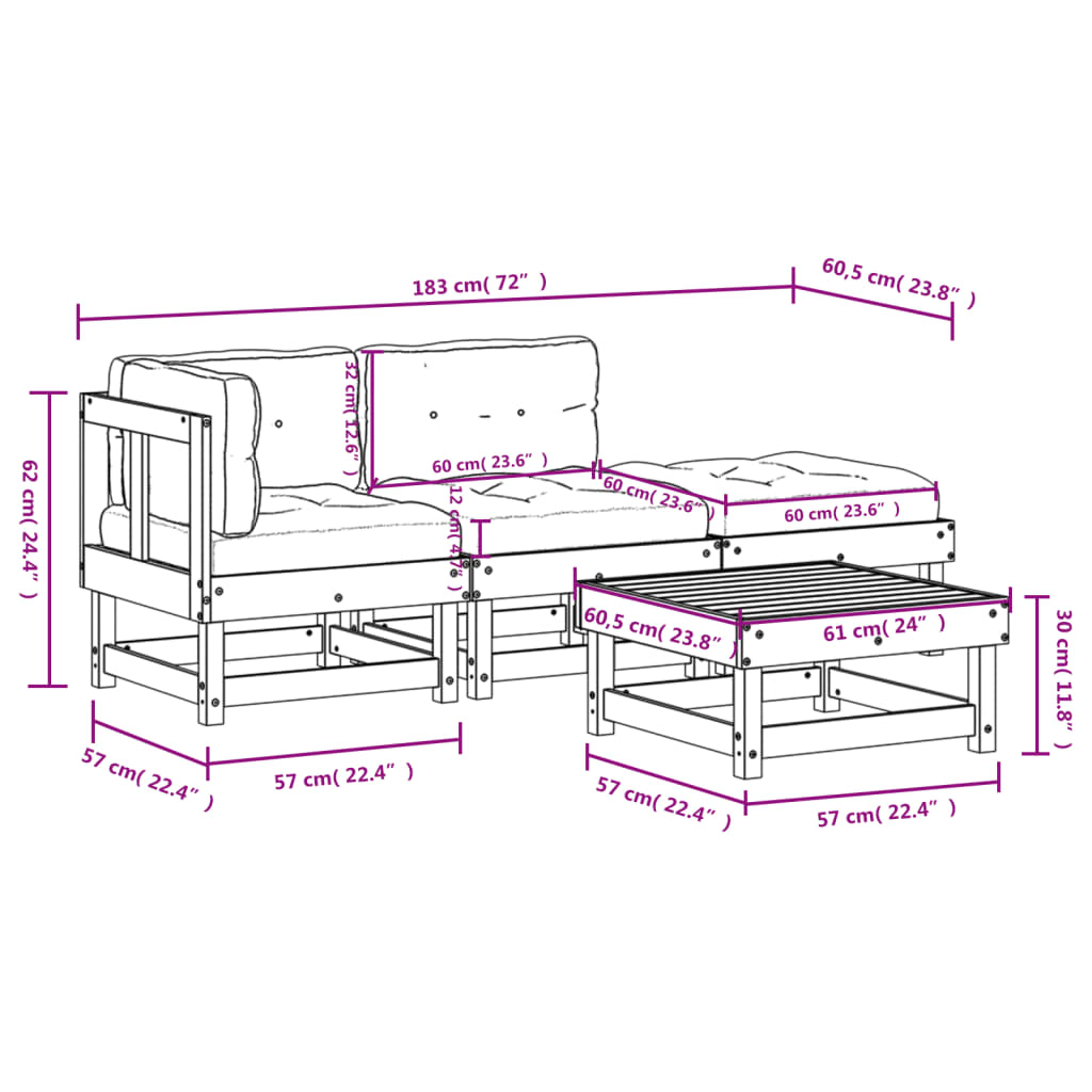 4-delige Loungeset met kussens massief hout