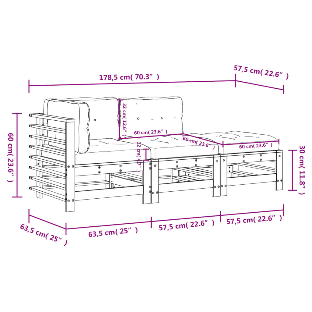 3-delige Loungeset met kussens massief hout