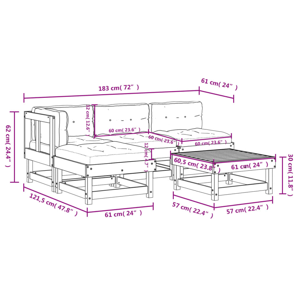 5-delige Loungeset met kussens massief hout