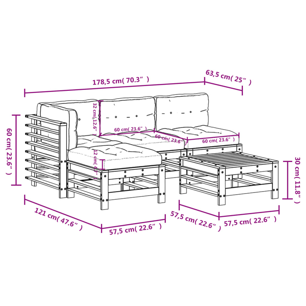 5-delige Loungeset met kussens massief hout