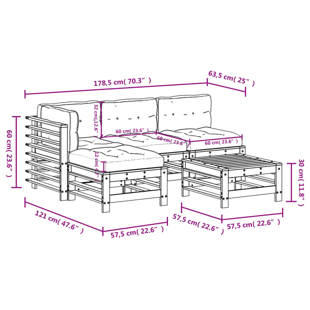 5-delige Loungeset met kussens massief hout