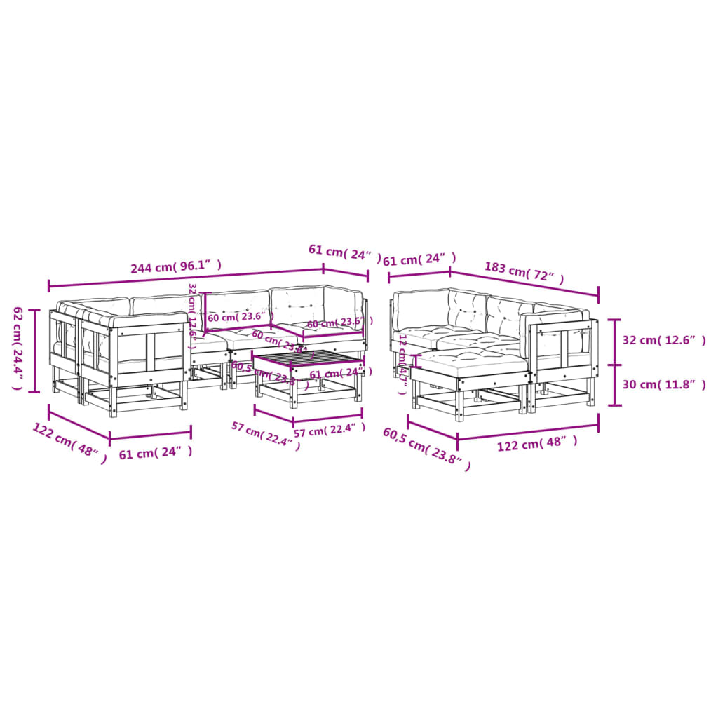 10-delige Loungeset met kussens massief hout grijs