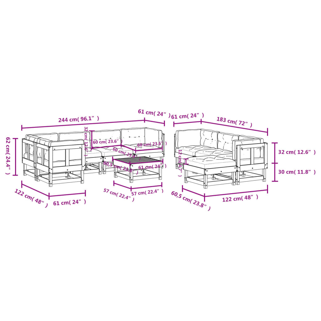 10-delige Loungeset met kussens massief hout grijs