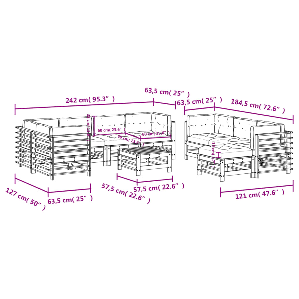 10-delige Loungeset met kussens massief hout