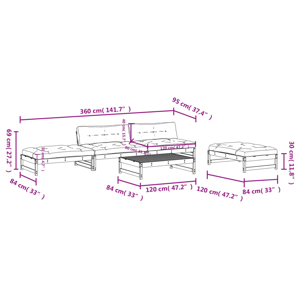 5-delige Loungeset met kussens massief hout