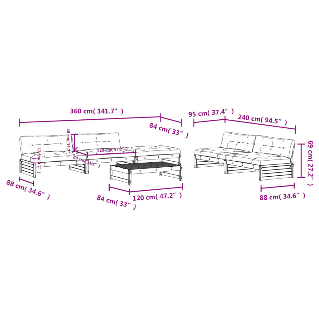 6-delige Loungeset met kussens massief hout