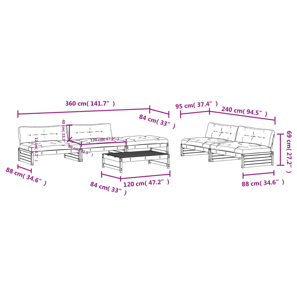 6-delige Loungeset met kussens massief hout