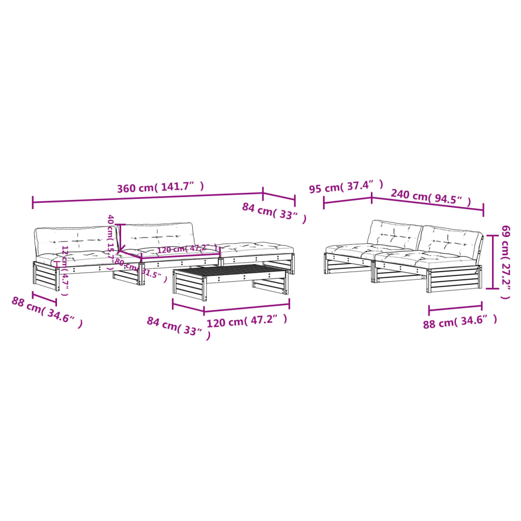 6-delige Loungeset met kussens massief hout