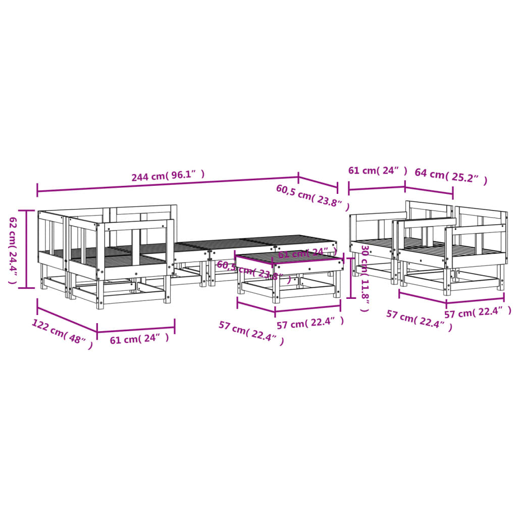 8-delige Loungeset massief grenenhout