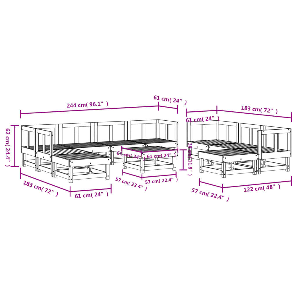 11-delige Loungeset massief grenenhout grijs