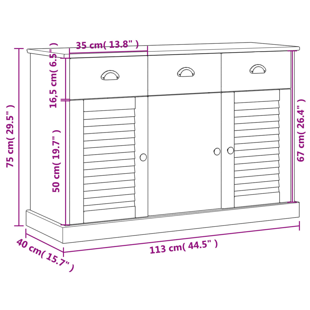 Buffet avec tiroirs VIGO 113x40x75 cm en bois de pin massif