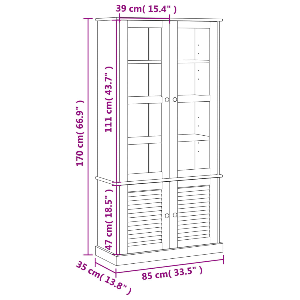 Vitrine VIGO 85x35x170 cm en bois de pin massif