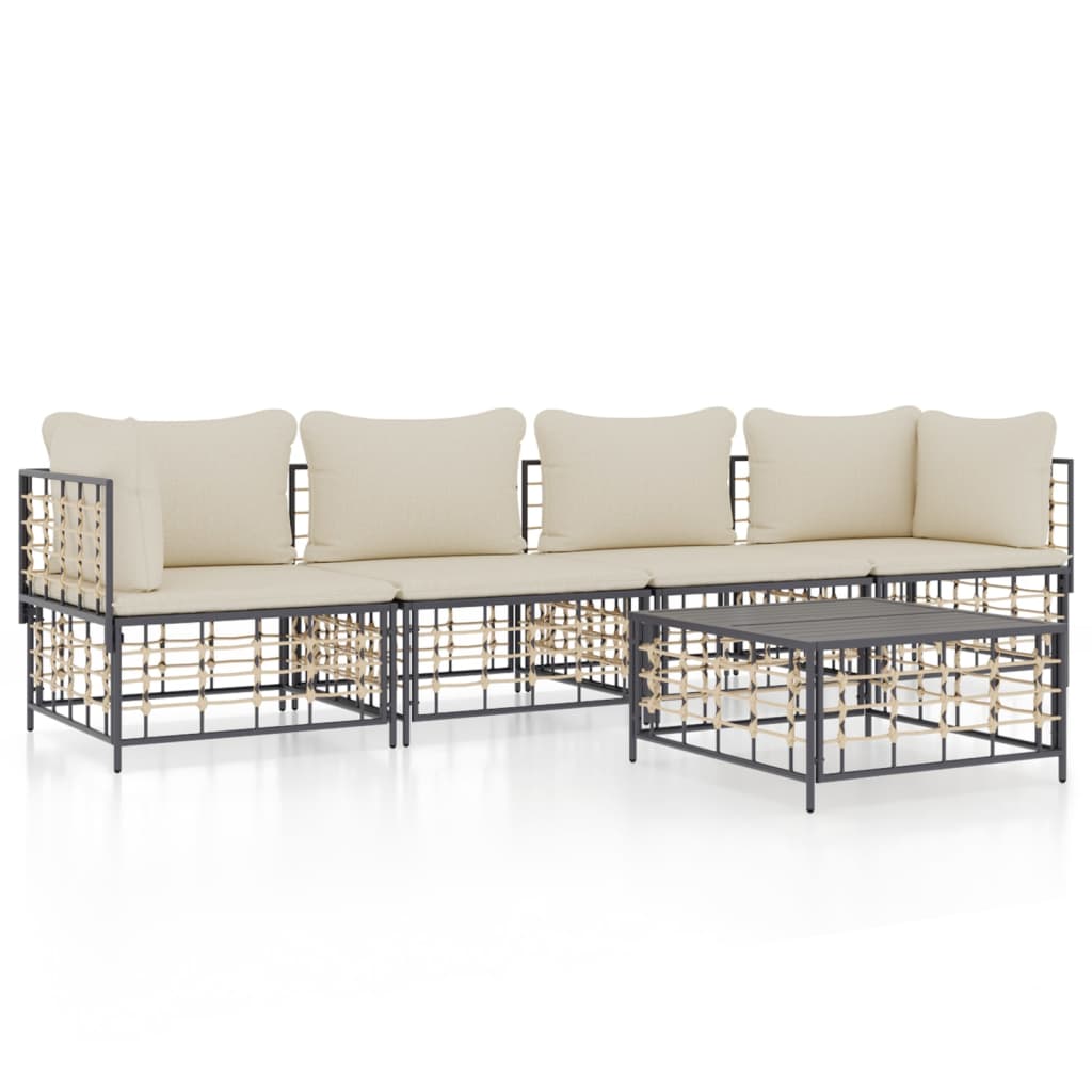 5-delige Loungeset met kussens poly rattan antracietkleurig