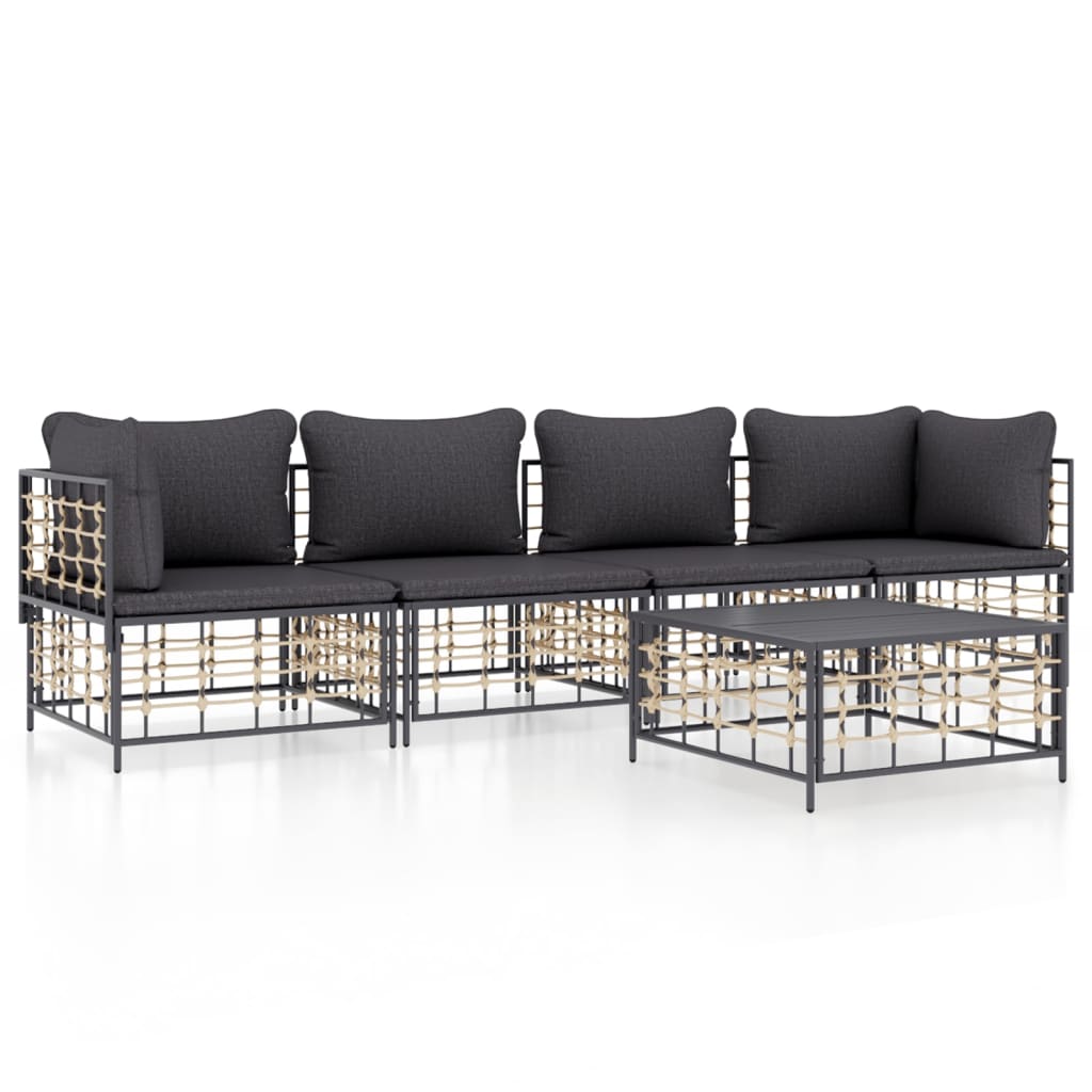 5-delige Loungeset met kussens poly rattan antracietkleurig