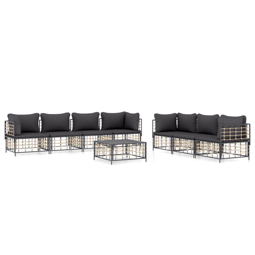 9-delige Loungeset met kussens poly rattan antracietkleurig