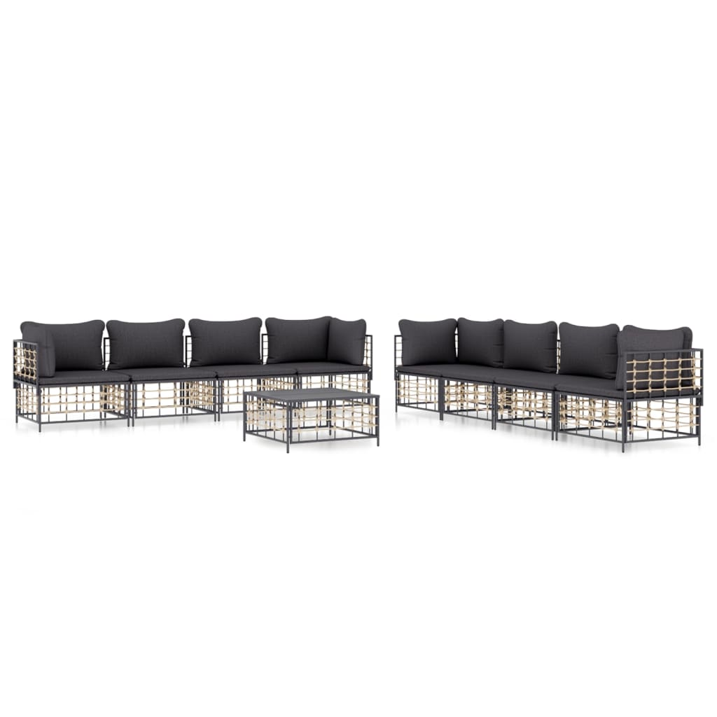 9-delige Loungeset met kussens poly rattan antracietkleurig