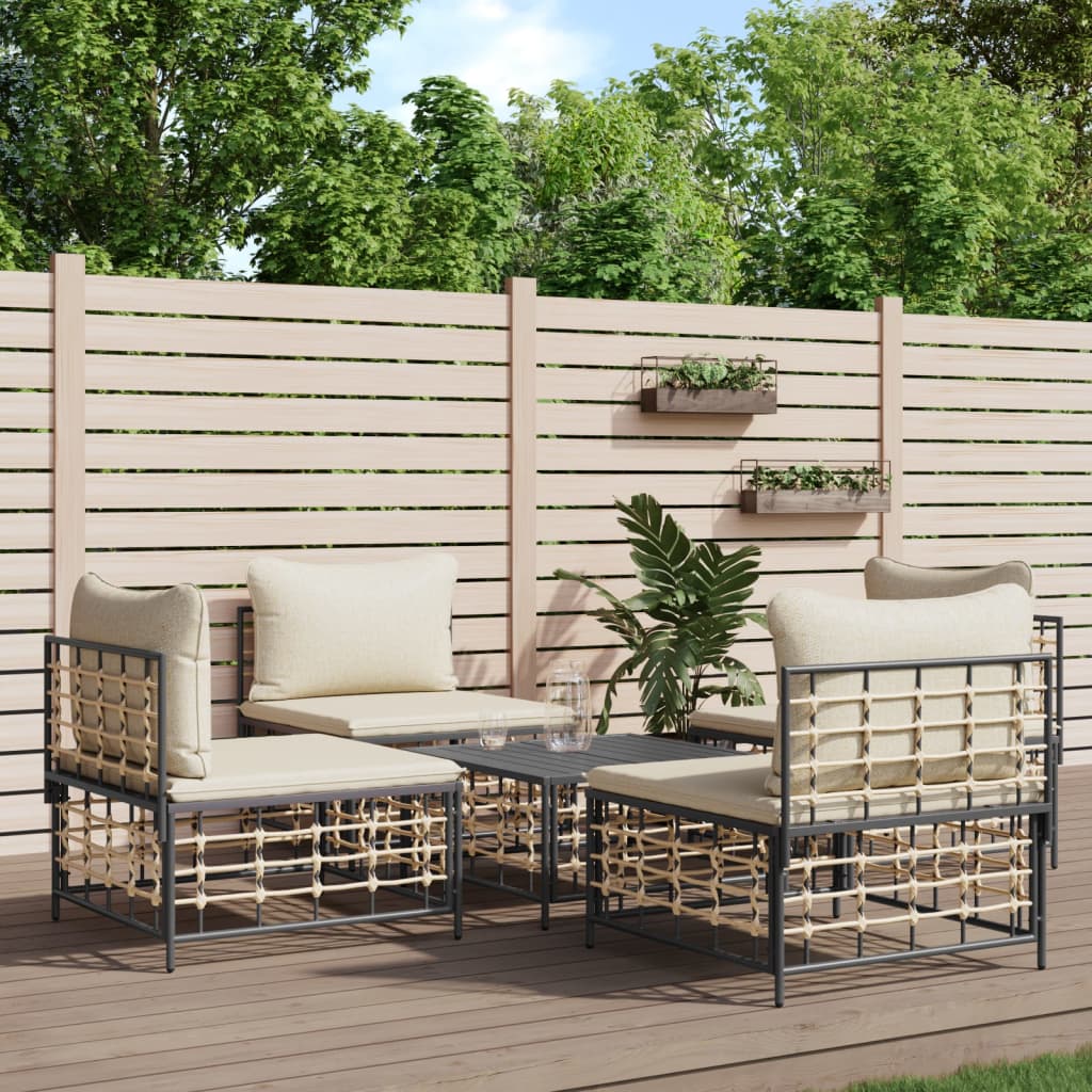 5-delige Loungeset met kussens poly rattan antracietkleurig