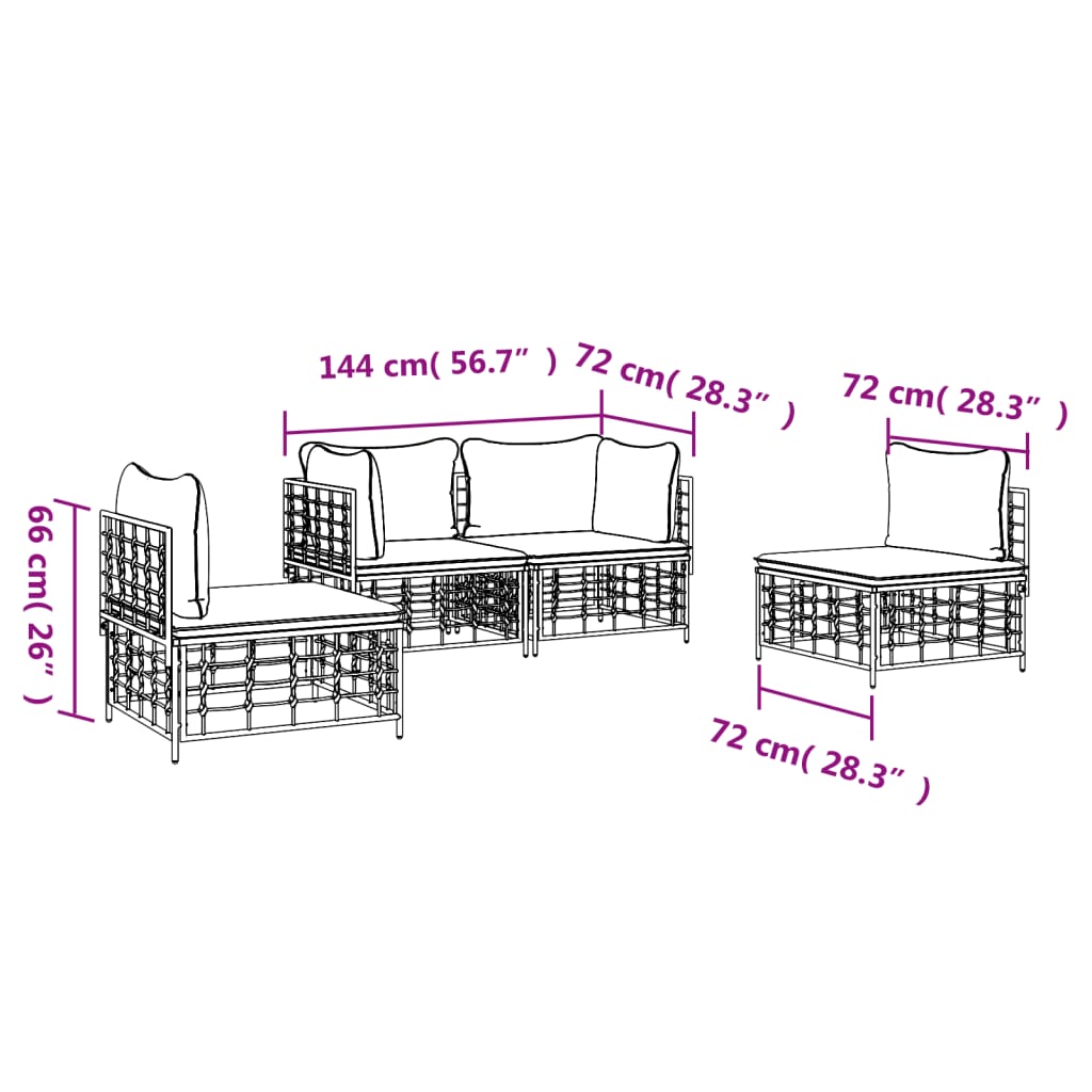 5-delige Loungeset met kussens poly rattan antracietkleurig