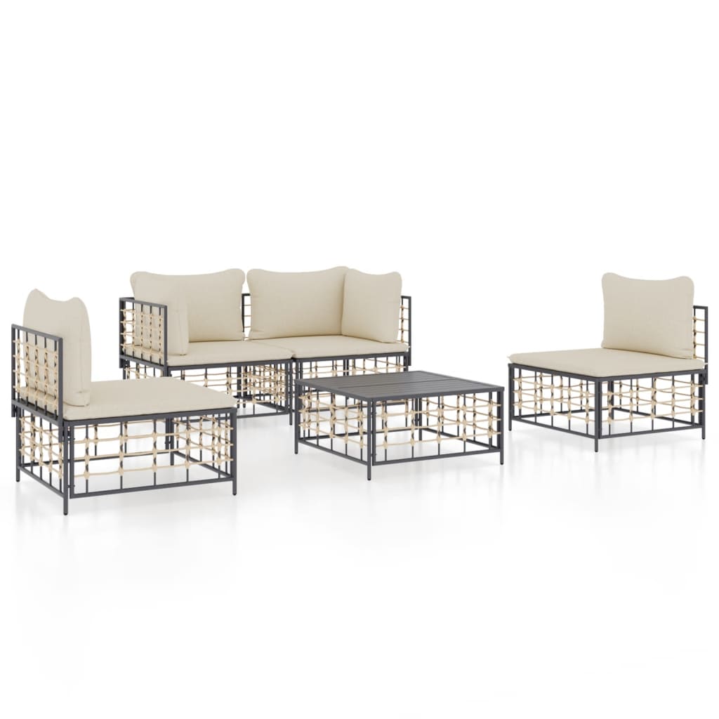 5-delige Loungeset met kussens poly rattan antracietkleurig