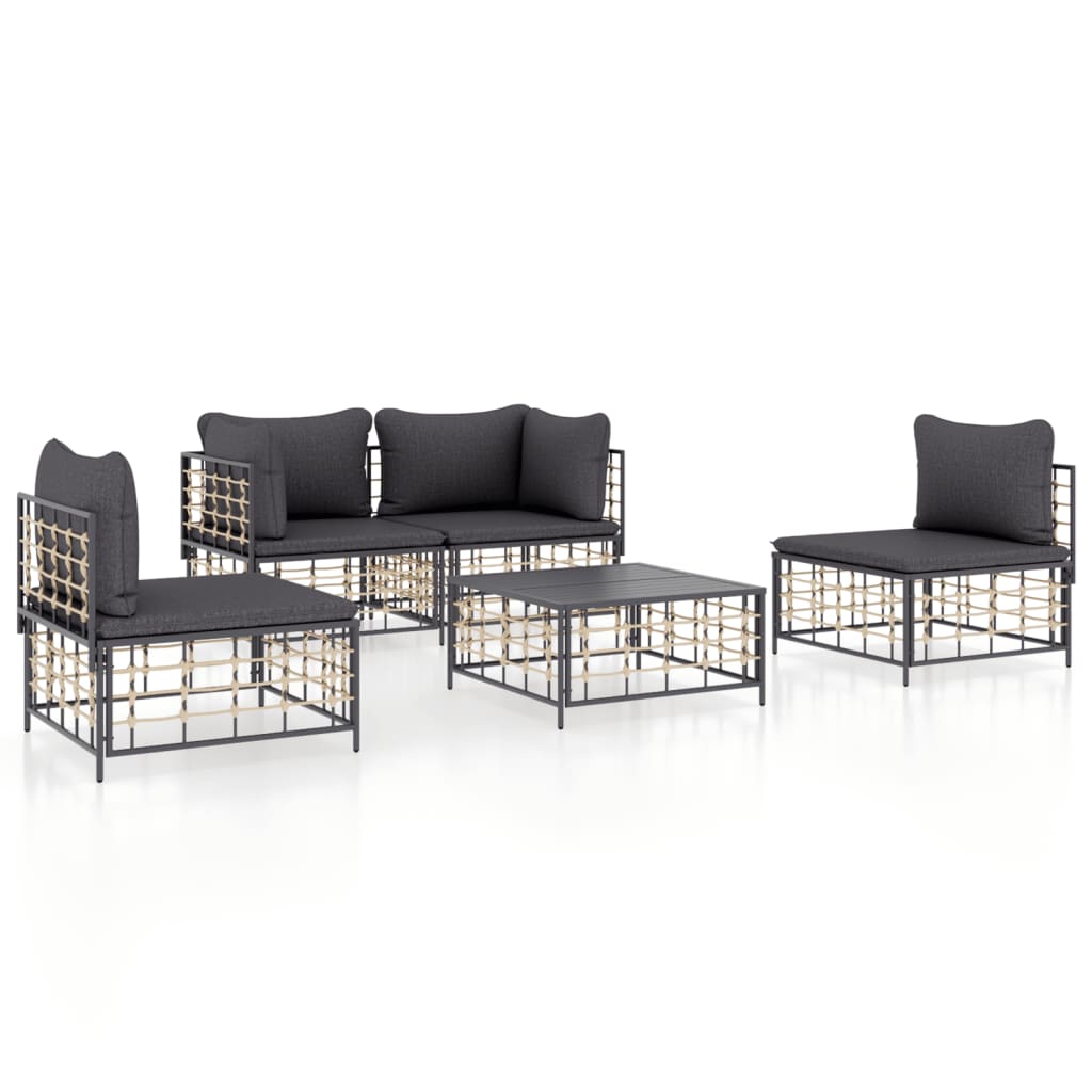 5-delige Loungeset met kussens poly rattan antracietkleurig