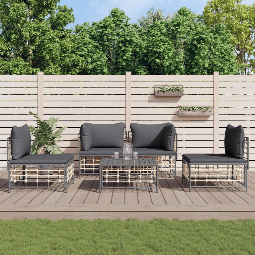 5-delige Loungeset met kussens poly rattan antracietkleurig