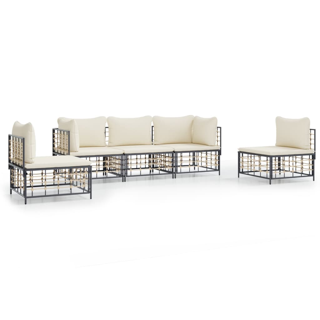 5-delige Loungeset met kussens poly rattan antracietkleurig