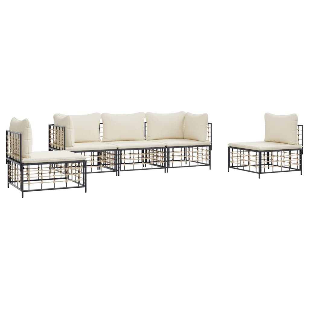 5-delige Loungeset met kussens poly rattan antracietkleurig