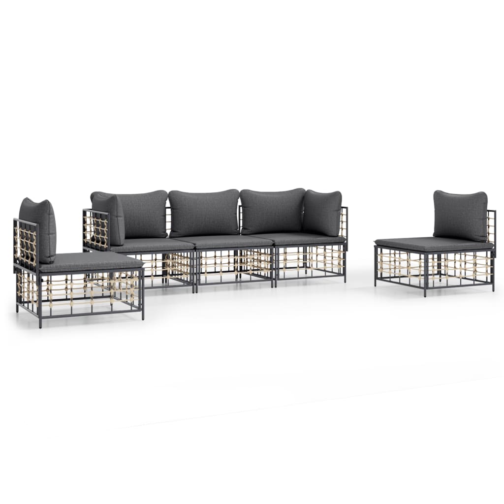 5-delige Loungeset met kussens poly rattan antracietkleurig