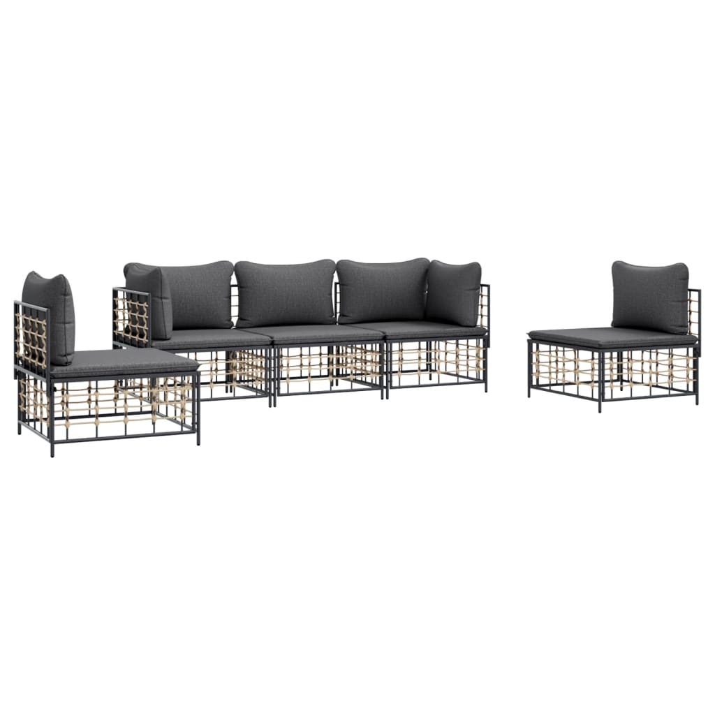 5-delige Loungeset met kussens poly rattan antracietkleurig