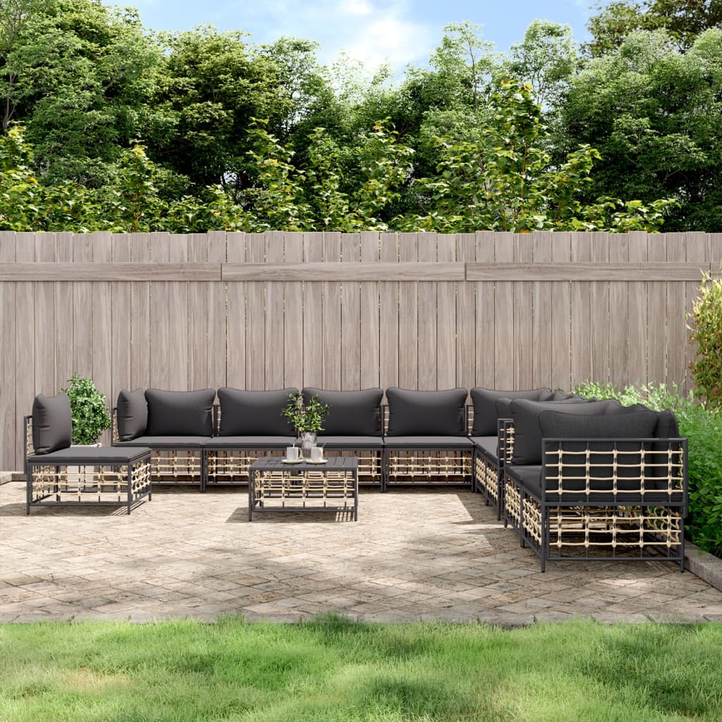 11-delige Loungeset met kussens poly rattan antracietkleurig