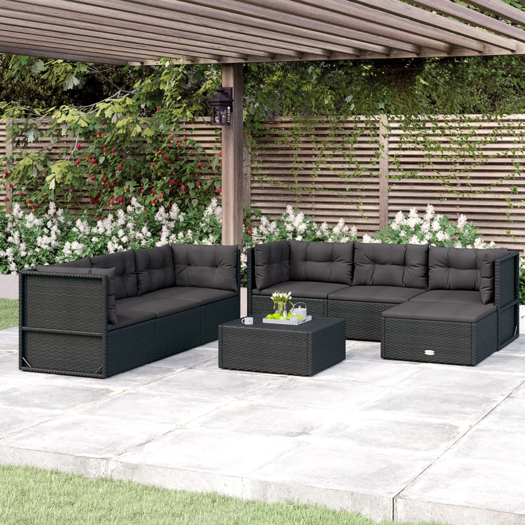 9-delige Loungeset met kussens poly rattan zwart