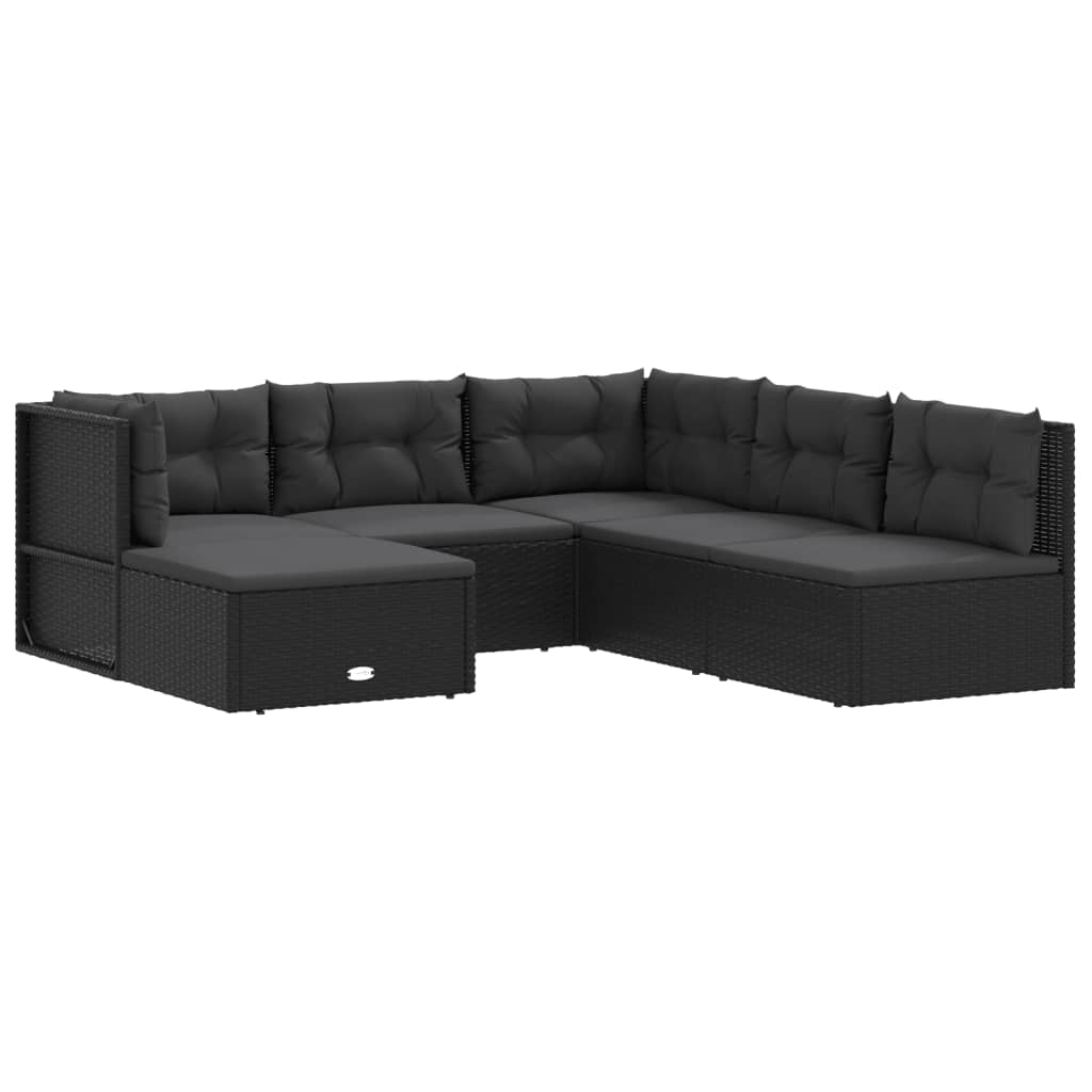 6-delige Loungeset met kussens poly rattan zwart