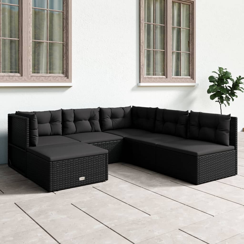 6-delige Loungeset met kussens poly rattan zwart