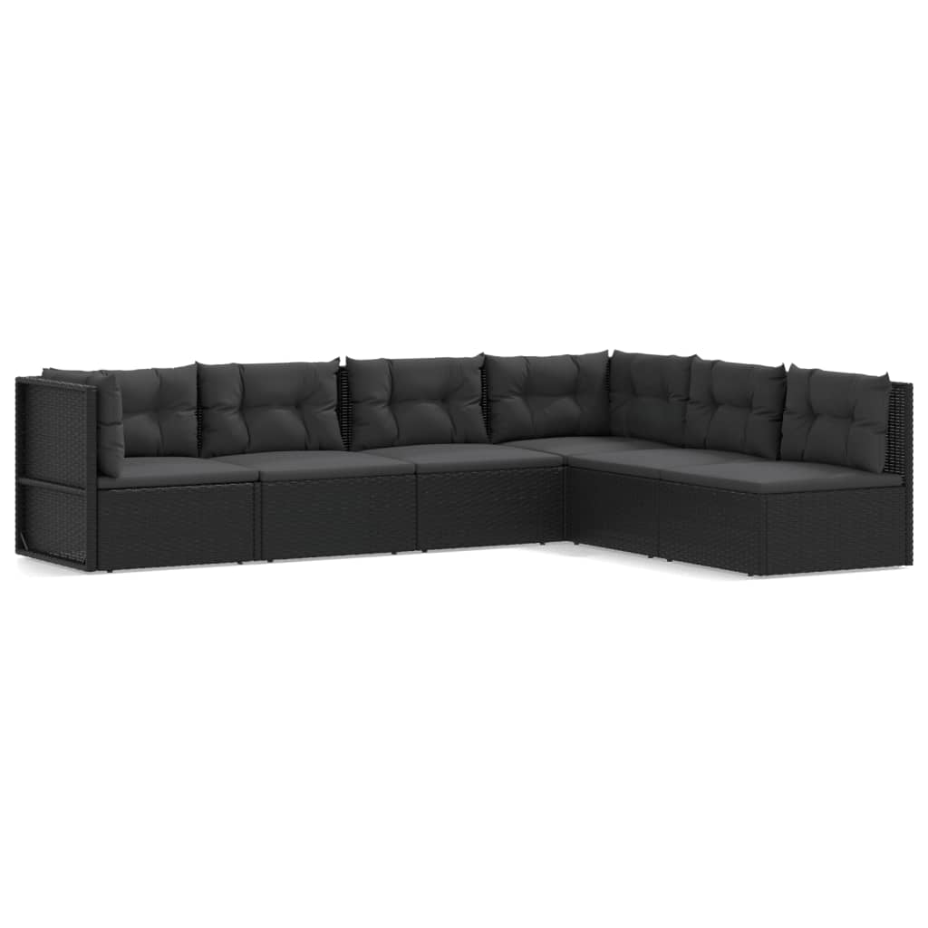 6-delige Loungeset met kussens poly rattan zwart