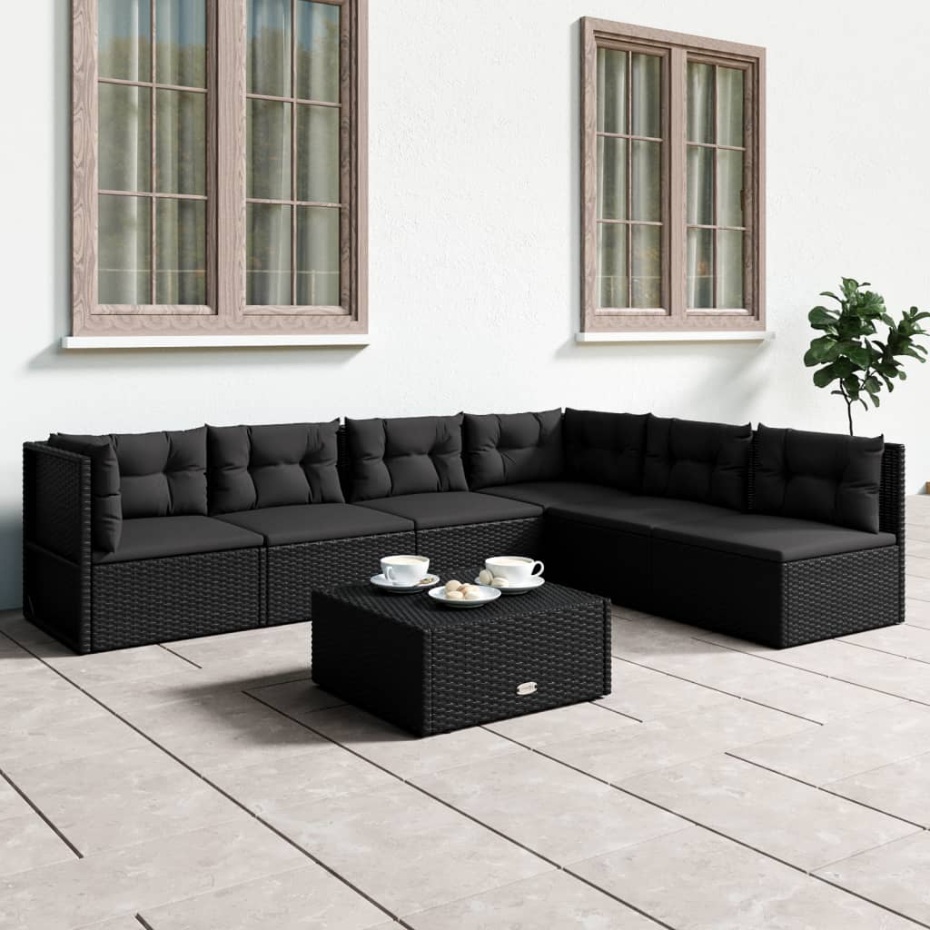 6-delige Loungeset met kussens poly rattan zwart