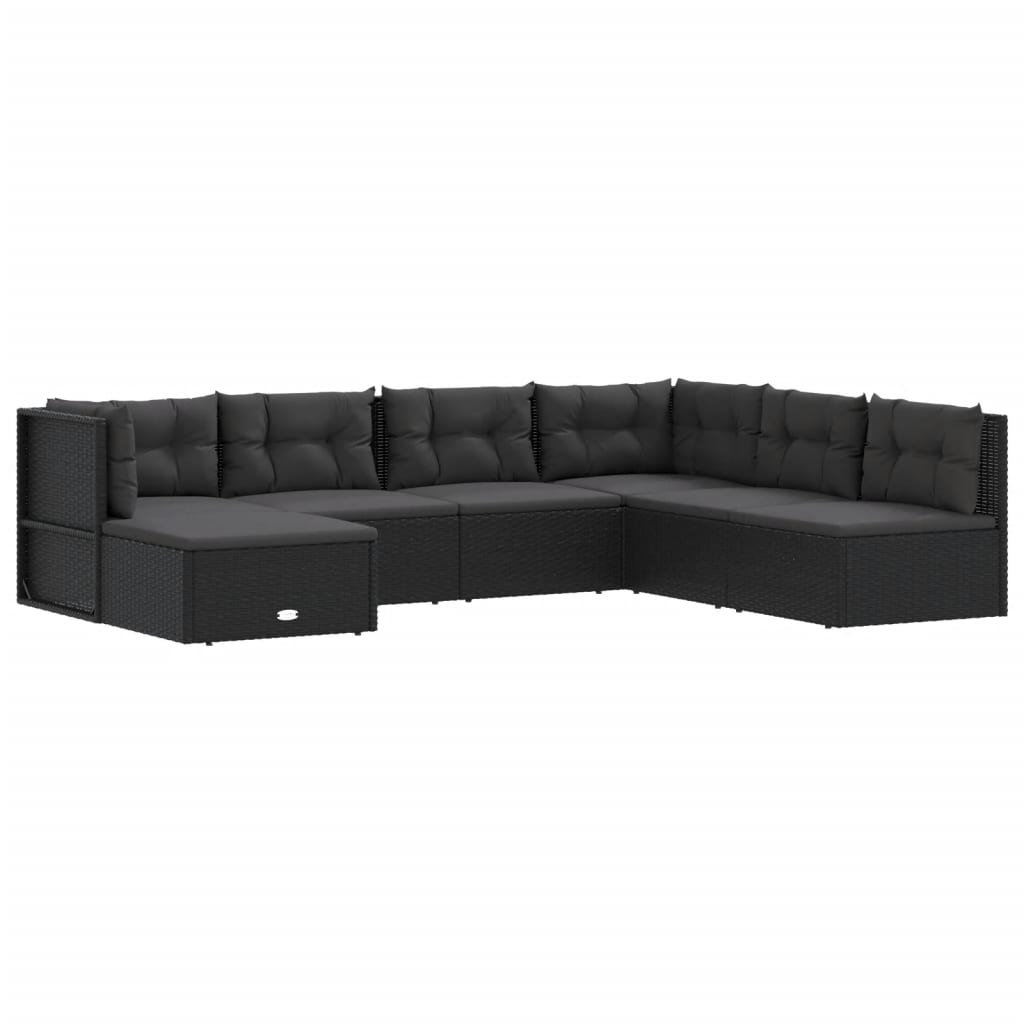 6-delige Loungeset met kussens poly rattan zwart