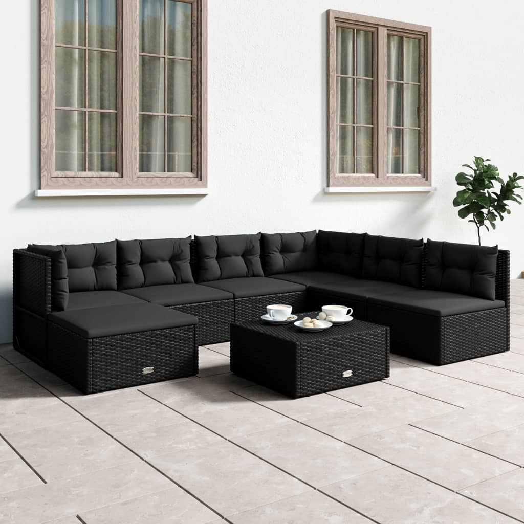 6-delige Loungeset met kussens poly rattan zwart