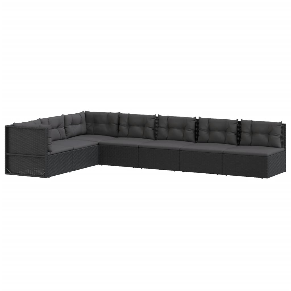 7-delige Loungeset met kussens poly rattan zwart