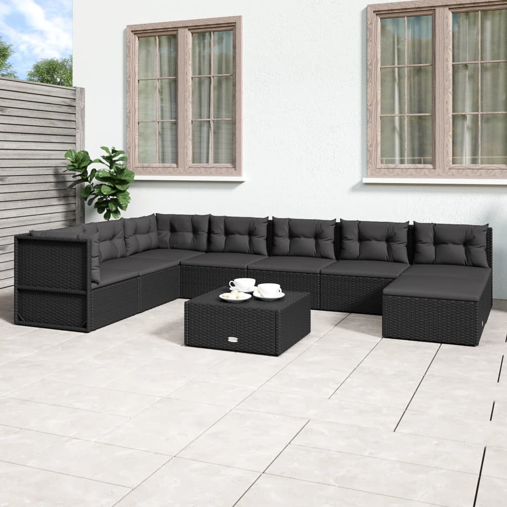 7-delige Loungeset met kussens poly rattan zwart