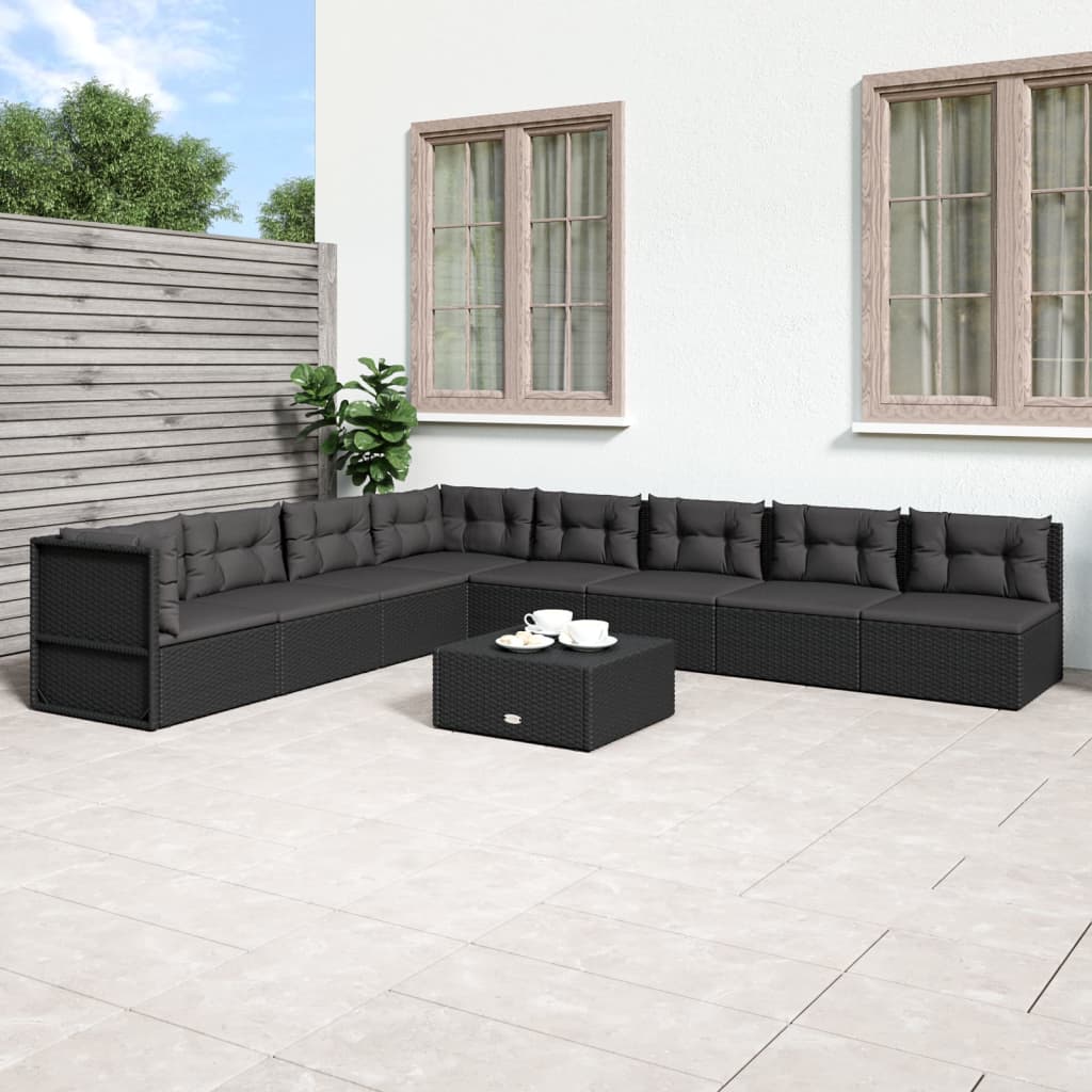 7-delige Loungeset met kussens poly rattan zwart