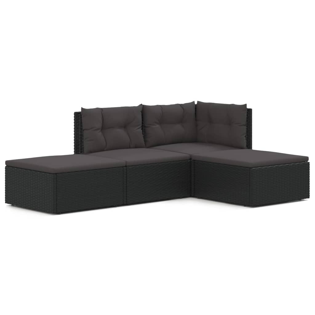 4-delige Loungeset met kussens poly rattan zwart