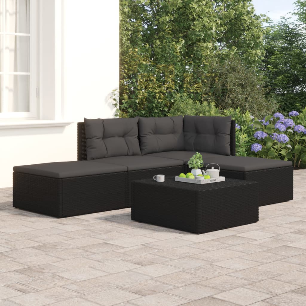 6-delige Loungeset met kussens poly rattan zwart