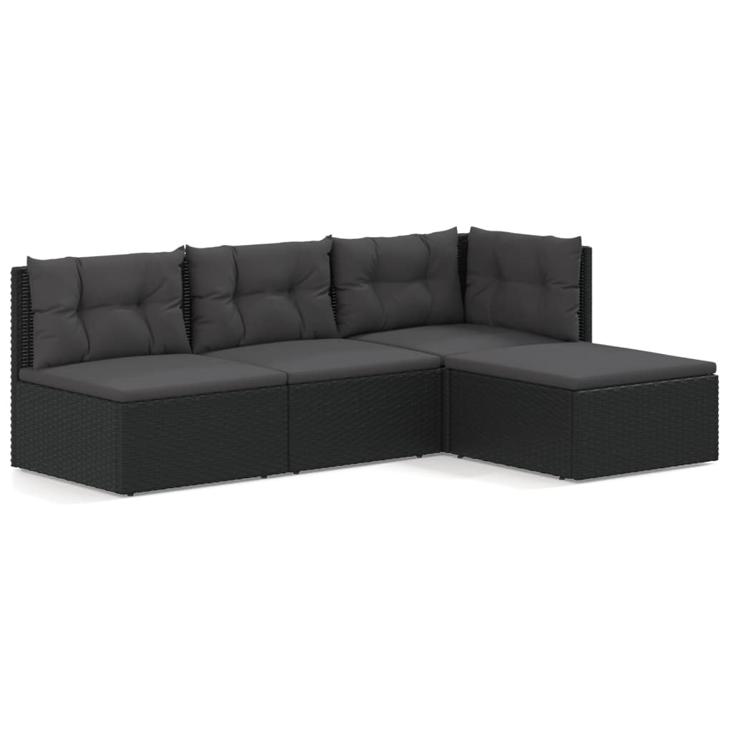 4-delige Loungeset met kussens poly rattan zwart