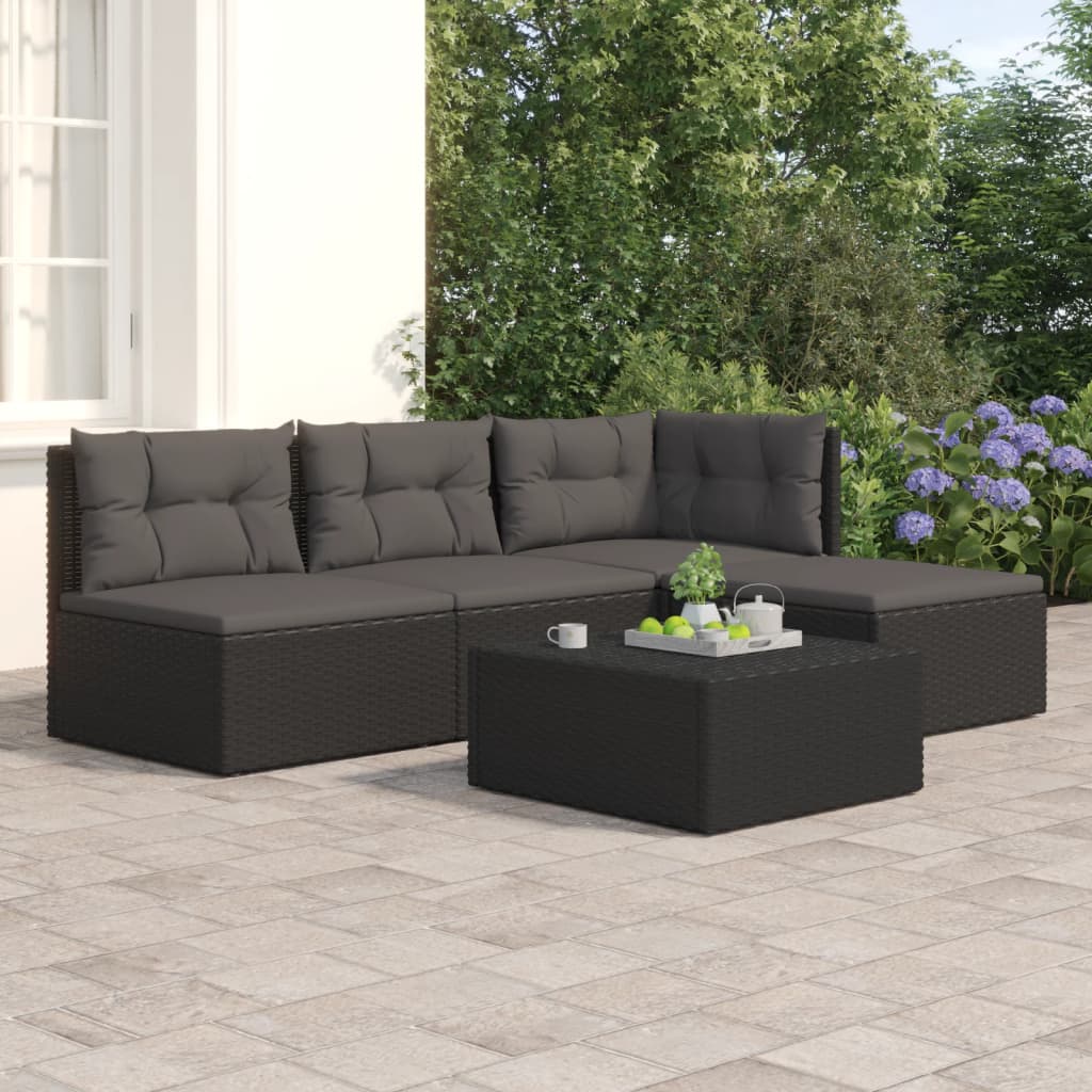 6-delige Loungeset met kussens poly rattan zwart