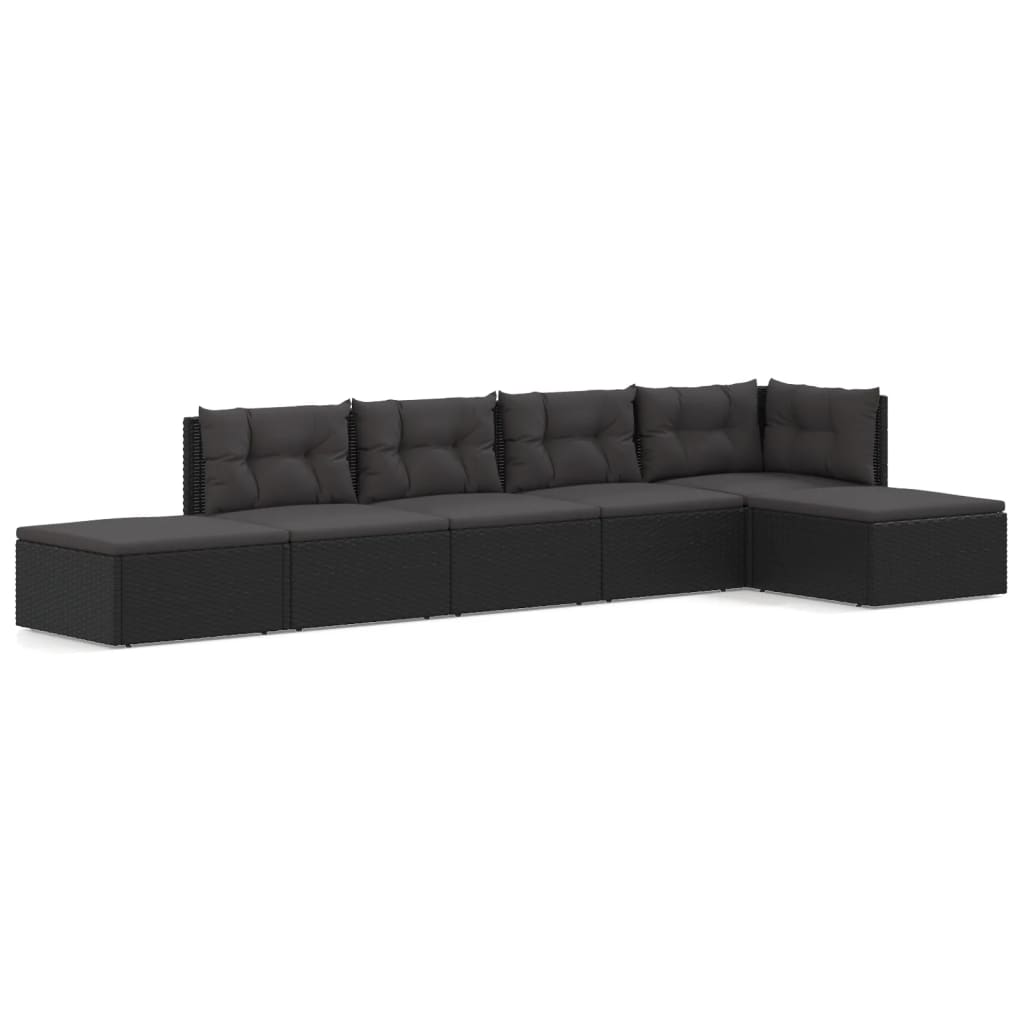 6-delige Loungeset met kussens poly rattan zwart